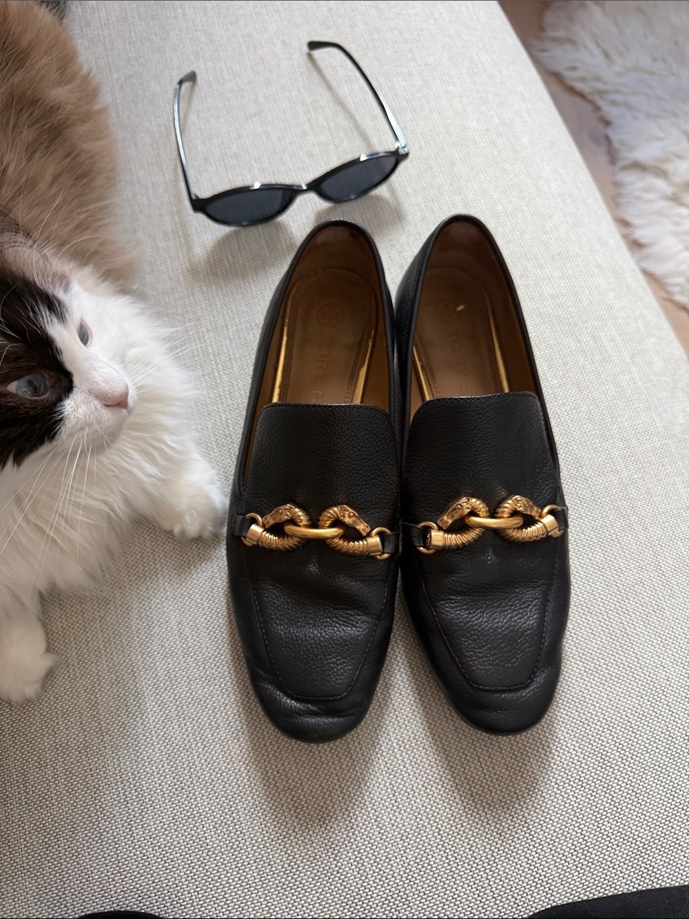 Black Leather Loafers with Gold Chain Accent